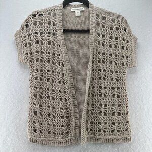 Coldwater Creek Cardigan XS 4-6 Windowpane Crochet Open Front Short Sleeve Beige